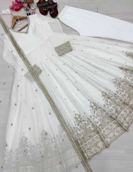 Unique Black Faux Georgette Embroidered Gown with Dupatta and Bottom For Festival Ready To Wear Collection
