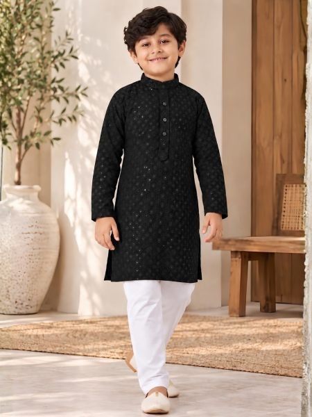 Unique Black Rayon Chikankari Top with Matching Cotton Pants Mens Wear