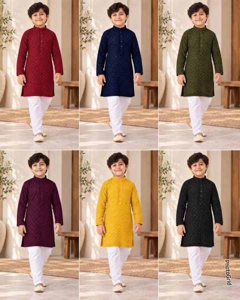 Unique Black Rayon Chikankari Top with Matching Cotton Pants Boys Wear