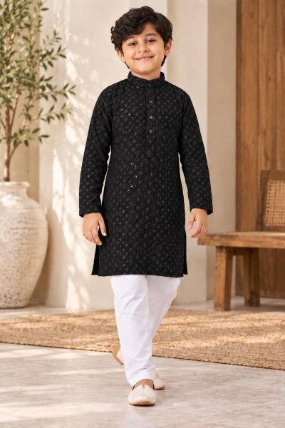 Unique Black Rayon Chikankari Top with Matching Cotton Pants Boys Wear