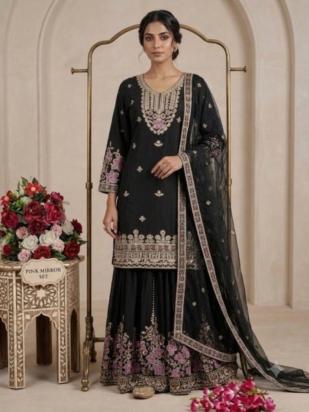 Unique Black Pure Chinon Silk Embroidered Top Sharara and Dupatta Set for Women Ready To Wear Suit