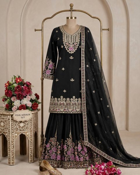 Unique Black Pure Chinon Silk Embroidered Top Sharara and Dupatta Set for Women Ready To Wear Collection