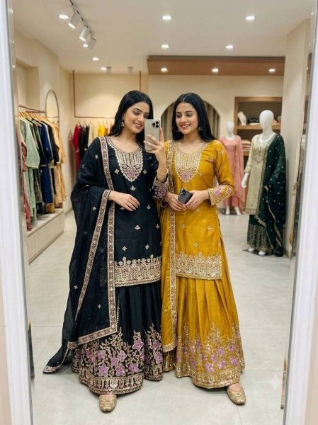 Unique Black Pure Chinon Silk Embroidered Top Sharara and Dupatta Set for Women Ready To Wear Collection