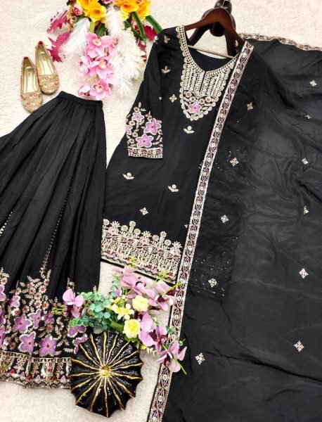 Unique Black Pure Chinon Silk Embroidered Top Sharara and Dupatta Set for Women Ready To Wear Collection