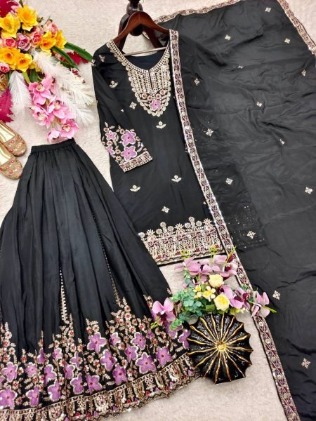 Unique Black Pure Chinon Silk Embroidered Top Sharara and Dupatta Set for Women Ready To Wear Collection
