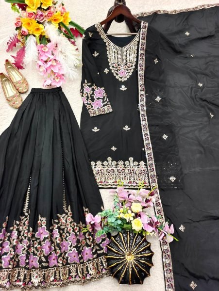 Unique Black Pure Chinon Silk Embroidered Top Sharara and Dupatta Set for Women Ready To Wear Collection