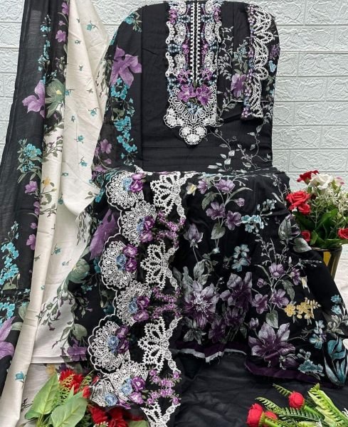 Unique Black Pure Cotton Salwar Kameez with Solid Cotton Bottom For Party Pakistani Suits Wholesale
