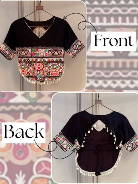 Unique Black Roman Fabric Embroidered Blouse with V Neck Design For Garba Sarees 