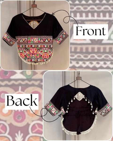 Unique Black Roman Fabric Embroidered Blouse with V Neck Design For Garba Blouse Collection