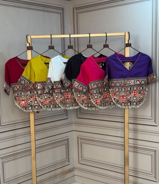 Unique Black Roman Fabric Embroidered Blouse with V Neck Design For Garba Blouse Collection