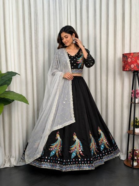 Unique Black Roman Silk Lehenga Choli with Sequins and Foil Mirror Embroidery  Lehenga