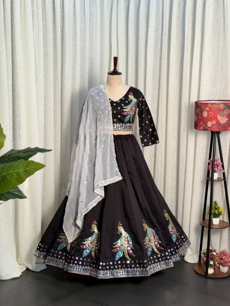 Unique Black Roman Silk Lehenga Choli with Sequins and Foil Mirror Embroidery Navratri Lehnega Choli
