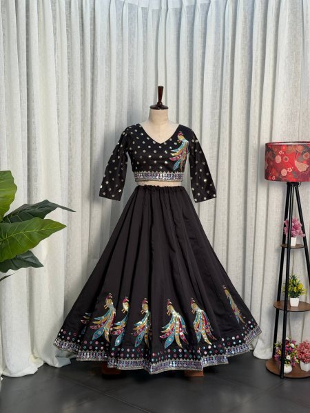 Unique Black Roman Silk Lehenga Choli with Sequins and Foil Mirror Embroidery Navratri Lehnega Choli