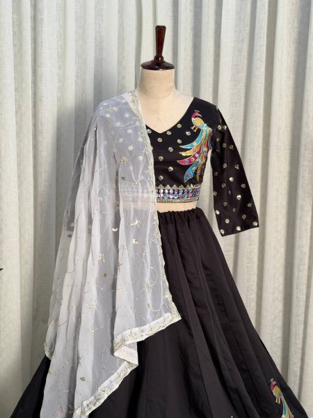 Unique Black Roman Silk Lehenga Choli with Sequins and Foil Mirror Embroidery Navratri Lehnega Choli