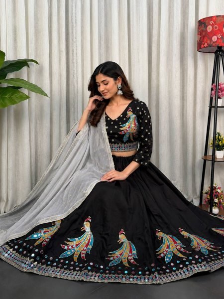 Unique Black Roman Silk Lehenga Choli with Sequins and Foil Mirror Embroidery Navratri Lehnega Choli