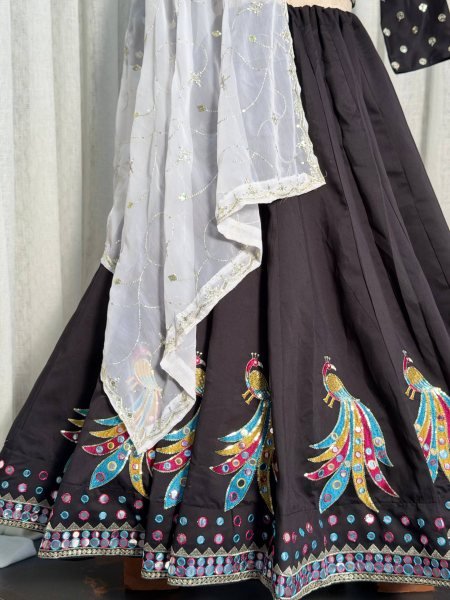 Unique Black Roman Silk Lehenga Choli with Sequins and Foil Mirror Embroidery Navratri Lehnega Choli