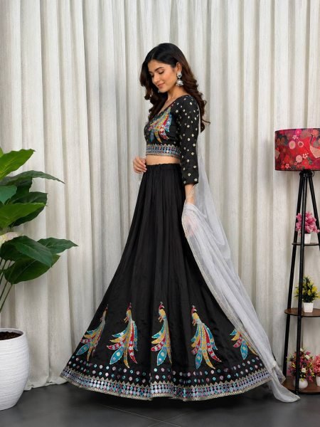 Unique Black Roman Silk Lehenga Choli with Sequins and Foil Mirror Embroidery Navratri Lehnega Choli