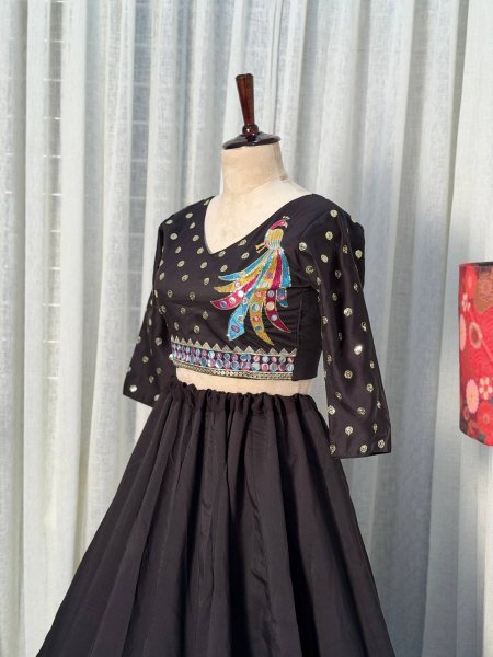 Unique Black Roman Silk Lehenga Choli with Sequins and Foil Mirror Embroidery Navratri Lehnega Choli
