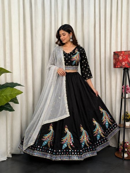 Unique Black Roman Silk Lehenga Choli with Sequins and Foil Mirror Embroidery Navratri Lehnega Choli