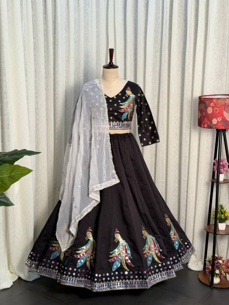 Unique Black Roman Silk Lehenga Choli with Sequins and Foil Mirror Embroidery Navratri Lehnega Choli