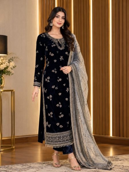 Unique Black Velvet Embroidered Top Bottom Dupatta Set with Sequin Work for Function 