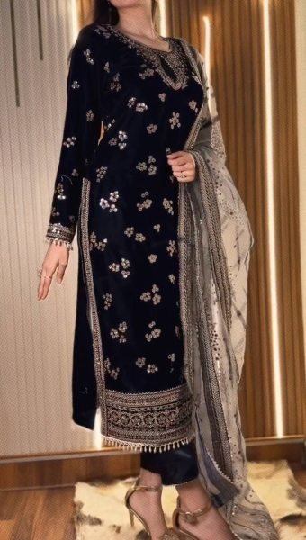 Unique Black Velvet Embroidered Top Bottom Dupatta Set with Sequin Work for Function Ready To Wear Collection