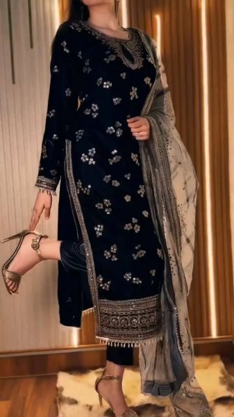 Unique Black Velvet Embroidered Top Bottom Dupatta Set with Sequin Work for Function Ready To Wear Collection