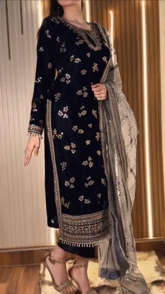 Unique Black Velvet Embroidered Top Bottom Dupatta Set with Sequin Work for Function Ready To Wear Collection