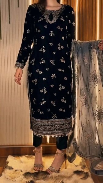 Unique Black Velvet Embroidered Top Bottom Dupatta Set with Sequin Work for Function Ready To Wear Collection