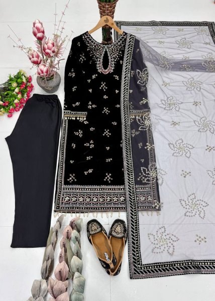Unique Black Velvet Embroidered Top Bottom Dupatta Set with Sequin Work for Function Ready To Wear Collection