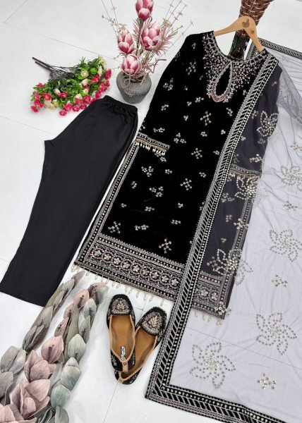 Unique Black Velvet Embroidered Top Bottom Dupatta Set with Sequin Work for Function Ready To Wear Collection