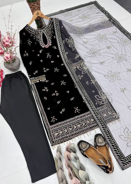 Unique Black Velvet Embroidered Top Bottom Dupatta Set with Sequin Work for Function Ready To Wear Collection