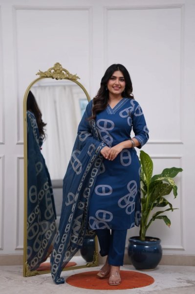 Unique Blue 3 Piece embroidered Chanderi Kurti Pant Dupatta Set for Festival Wear  Straight Cut Long Kurtis