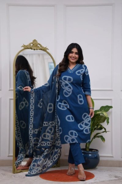 Unique Blue 3 Piece embroidered Chanderi Kurti Pant Dupatta Set for Festival Wear  Straight Cut Long Kurtis
