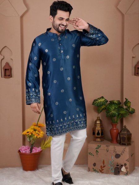 Unique Blue Classic Kurta Pyjama Set with Modern Designer Touch Mens Wear