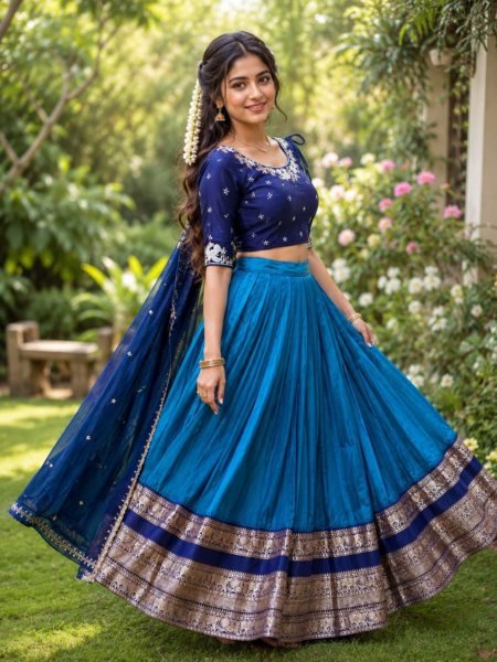 Unique Blue Faux Georgette Blouse with Pure Silk Lehenga and Embroidered Dupatta Set  Lehenga