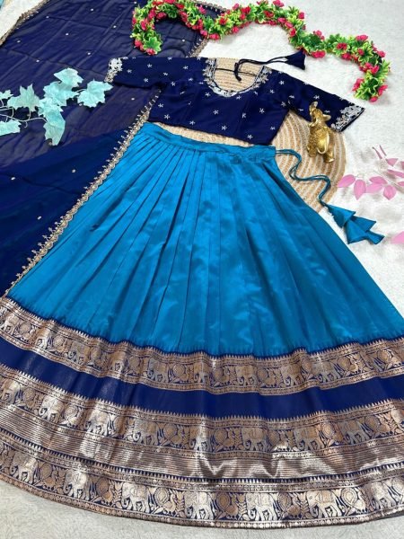 Unique Blue Faux Georgette Blouse with Pure Silk Lehenga and Embroidered Dupatta Set Half Saree Lehenga