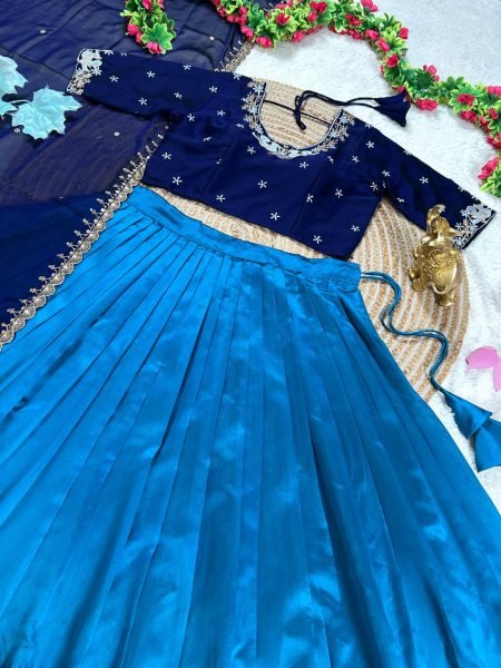 Unique Blue Faux Georgette Blouse with Pure Silk Lehenga and Embroidered Dupatta Set Half Saree Lehenga