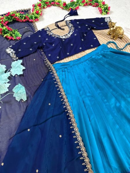 Unique Blue Faux Georgette Blouse with Pure Silk Lehenga and Embroidered Dupatta Set Half Saree Lehenga