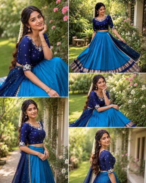 Unique Blue Faux Georgette Blouse with Pure Silk Lehenga and Embroidered Dupatta Set Half Saree Lehenga