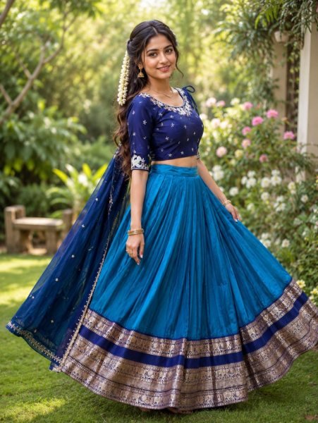 Unique Blue Faux Georgette Blouse with Pure Silk Lehenga and Embroidered Dupatta Set Half Saree Lehenga