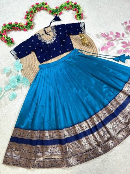 Unique Blue Faux Georgette Blouse with Pure Silk Lehenga and Embroidered Dupatta Set Half Saree Lehenga