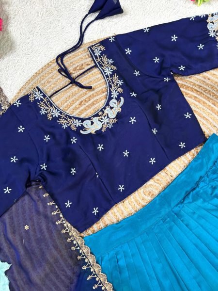 Unique Blue Faux Georgette Blouse with Pure Silk Lehenga and Embroidered Dupatta Set Half Saree Lehenga