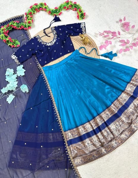 Unique Blue Faux Georgette Blouse with Pure Silk Lehenga and Embroidered Dupatta Set Half Saree Lehenga