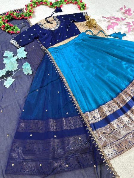 Unique Blue Faux Georgette Blouse with Pure Silk Lehenga and Embroidered Dupatta Set Half Saree Lehenga