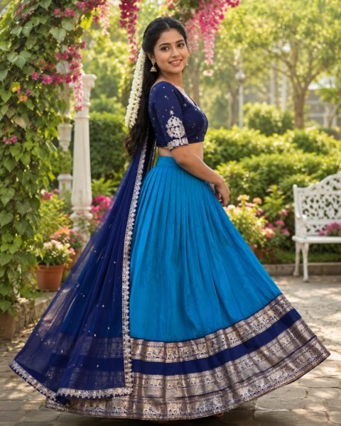 Unique Blue Faux Georgette Blouse with Pure Silk Lehenga and Embroidered Dupatta Set Half Saree Lehenga