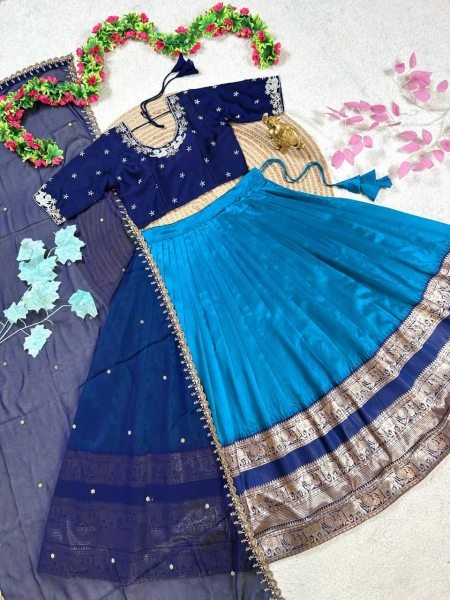Unique Blue Faux Georgette Blouse with Pure Silk Lehenga and Embroidered Dupatta Set Half Saree Lehenga
