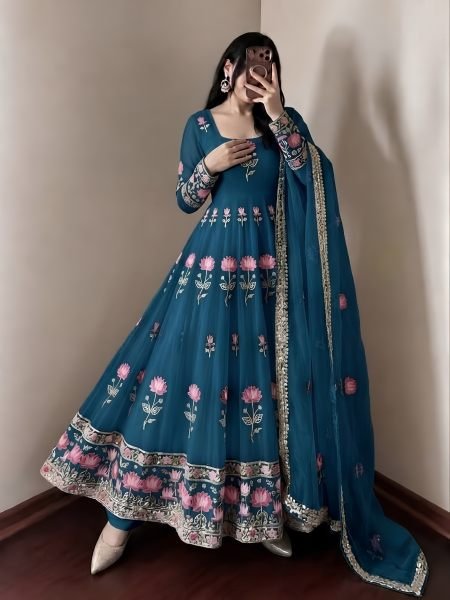 Unique Blue Fendy Silk Embroidered Gown Pant Dupatta Set for Wedding 