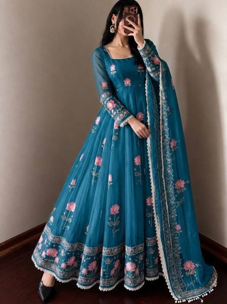 Unique Blue Fendy Silk Embroidered Gown Pant Dupatta Set for Wedding Ready To Wear Collection