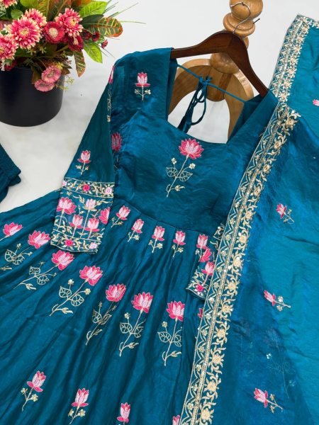 Unique Blue Fendy Silk Embroidered Gown Pant Dupatta Set for Wedding Ready To Wear Collection